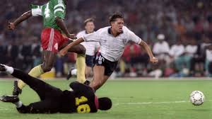 Gary Lineker getting brought down for a penalty against Cameroon