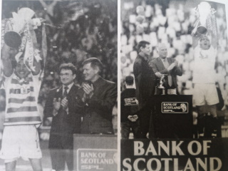 Lex Gold presenting the SPL Trophy to Celtic and Rangers